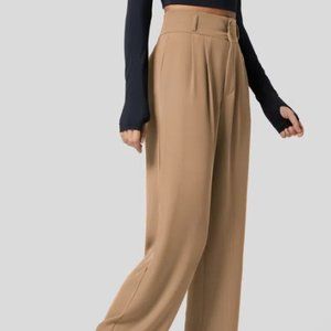 High Waisted Button Zipper Shirred Straight Leg Work Suit Pants